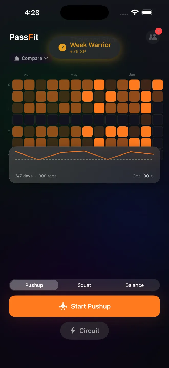 PassFit home screen with an orange activity grid and a Start Pushup button