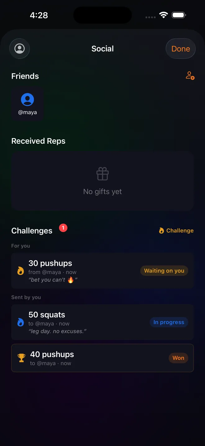 PassFit social screen with friends, received reps, and challenges
